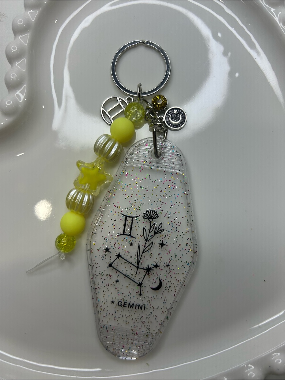 Gemini Zodiac Keychain with Yellow Bead Charm